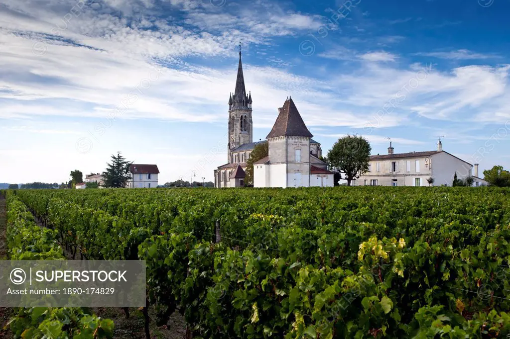 Village of Pomerol with vineyard, Chateau St Pierre and Church of St Jean in the Bordeaux wine region of France