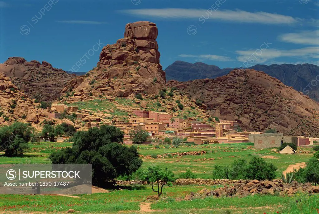 Village of Aguard Oudad and Chapeau de Napoleon rocks near Tafraoute, Morocco, North Africa, Africa