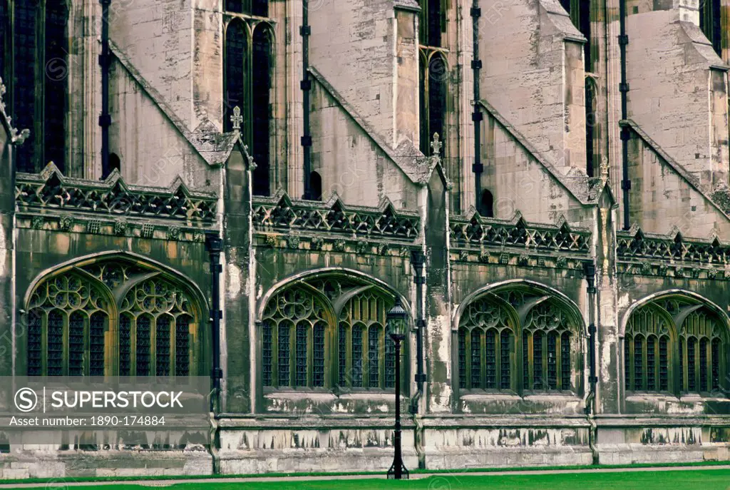 Side view of the walls and windows of Kings College Chapel in Cambridge, England, United Kingdom.