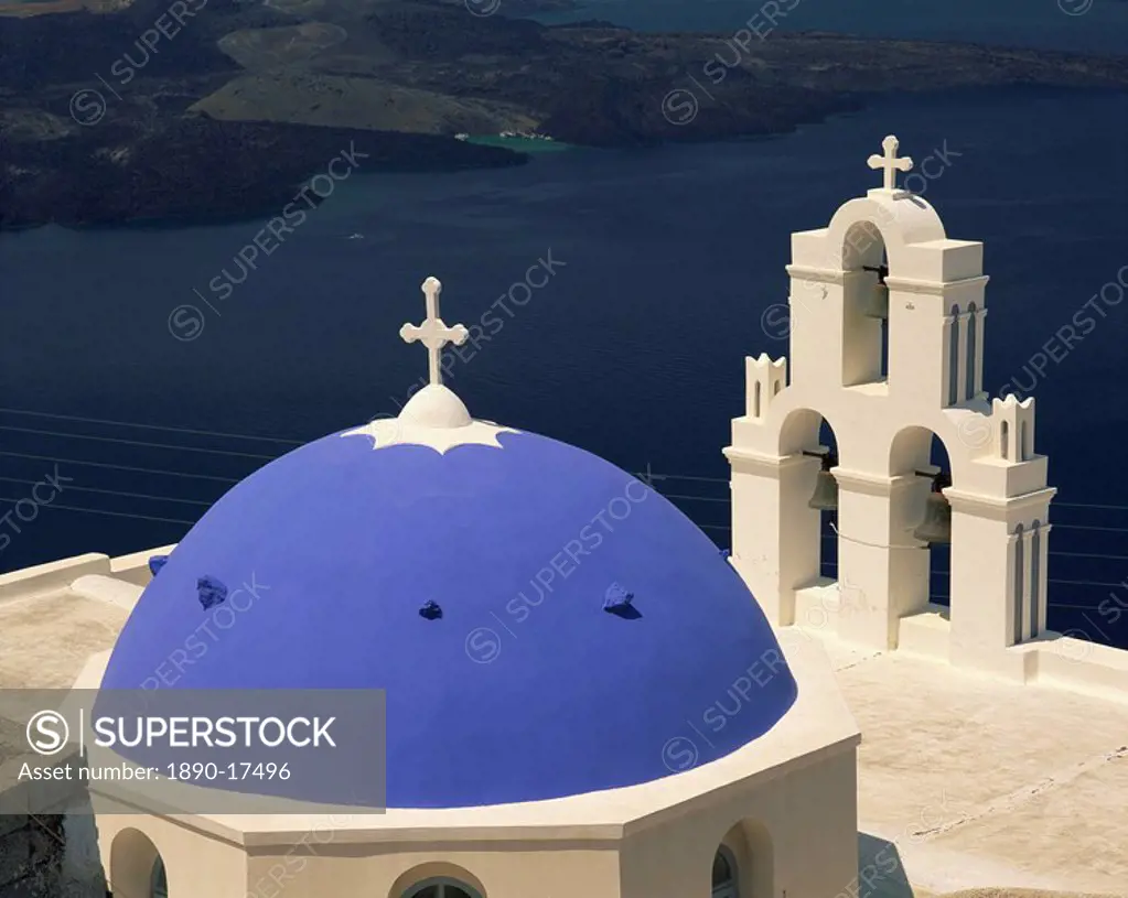 Close_up of the blue dome and bell tower of the Agiou Mina Church, high above the sea at Firostephani near Fira Town, Santorini Thira, Cyclades Island...