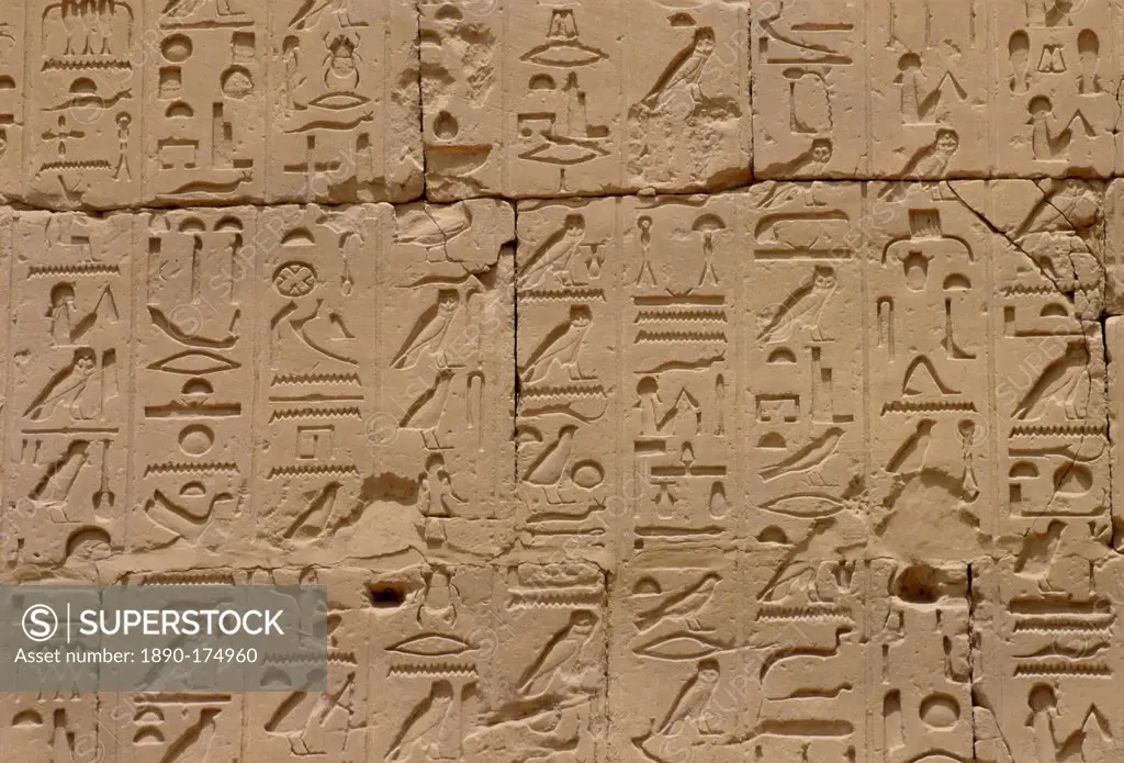 Inscriptions on the walls in the Great Hypostyle Hall, Karnak Temple, Luxor, Egypt.