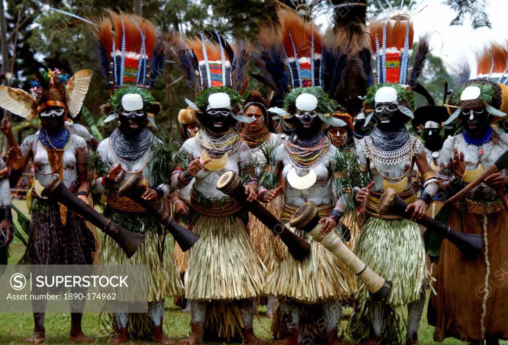 Tribeswomen musicians in feathered headdresses grass skirts and face paints playing drums during a gathering of tribes at Mount Hagen in Papua New Gui...