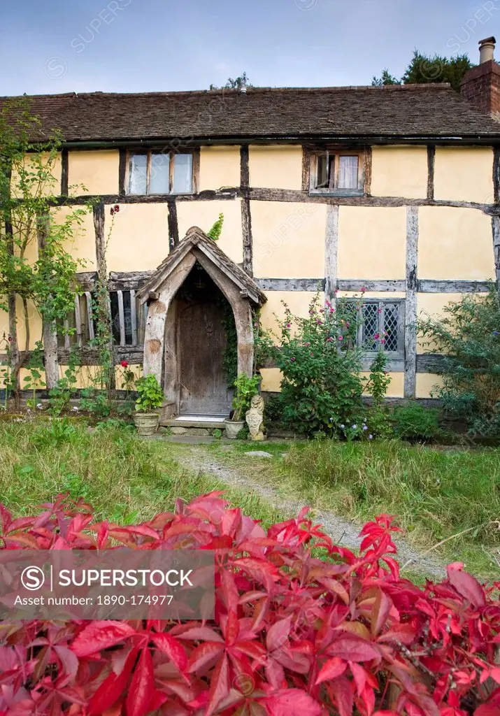 Quaint Tudor style half-timbered cottage at Eardisland, Herefordshire, UK