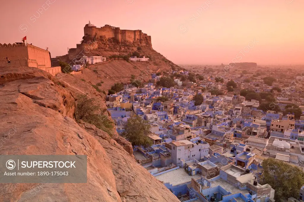 Elevated view towards Meherangarh Fort with Blue City below, Jodhpur, Western Rajasthan, India, Asia