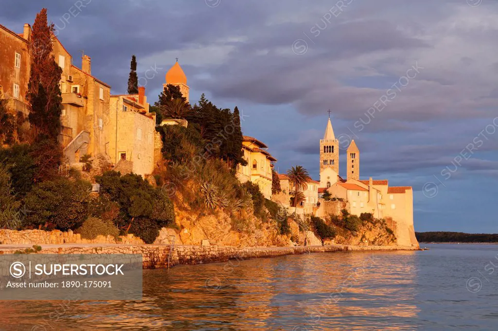 Old town of Rab town with four medieval belltowers at sunset, Rab town, Rab Island, Kvarner region, Dalmatia, Adriatic Sea, Croatia, Europe