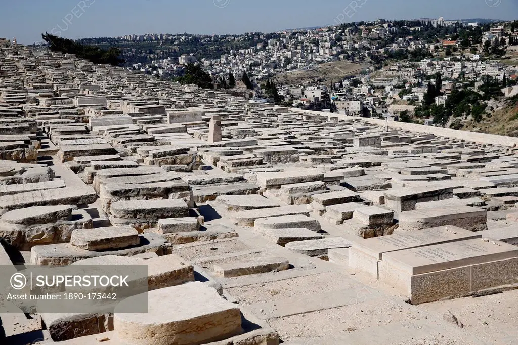 Gravestones among the 150,000 graves in the Jewish Cemetery on the Mount of Olives, Jerusalem, Israel, Middle East