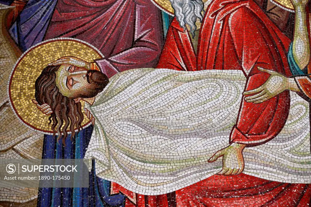 Detail of mosaic which depicts the burial of Jesus Christ, Holy Sepulchre Church, Jerusalem, Israel, Middle East