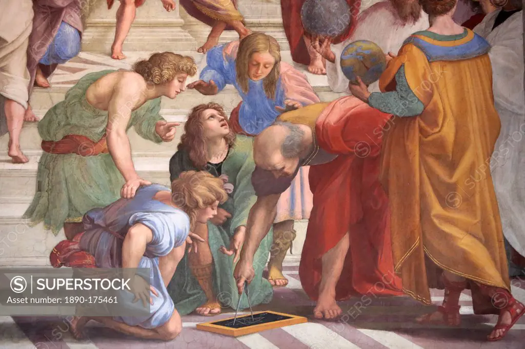 The School of Athens, fresco by the Italian painter Raphael painted between 1509 and 1510. Segnatura (the Stanze), Vatican Museum, Vatican, Rome, Lazi...