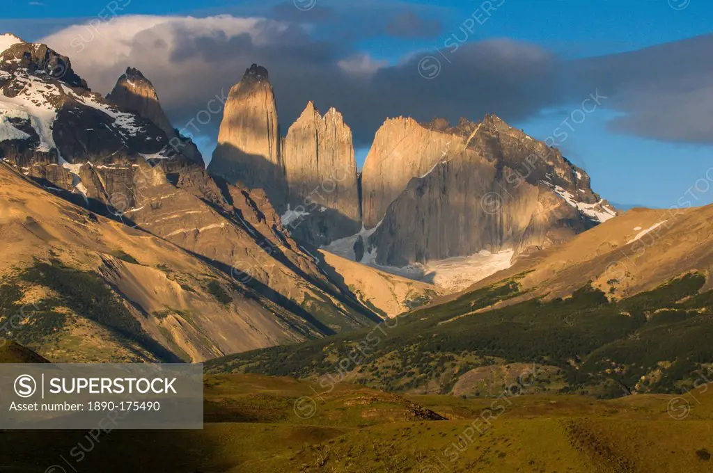 Early morning light on the towers of the Torres del Paine National Park, Patagonia, Chile, South America