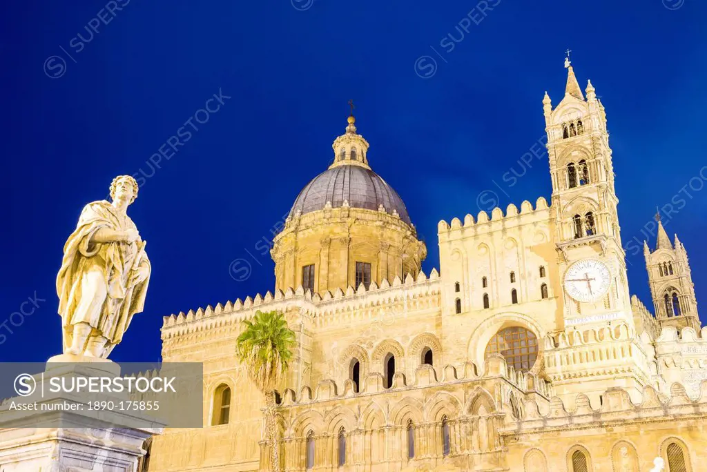 Palermo Cathedral at night (Duomo di Palermo), showing statue, dome and clock tower, Palermo, Sicily, Italy, Europe
