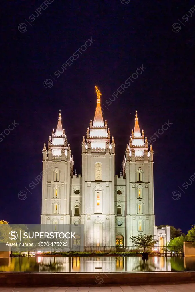 The Salt Lake Temple at night, operated by The Church of Jesus Christ of Latter-day Saints, Salt Lake City, Utah, United States of America, North Amer...