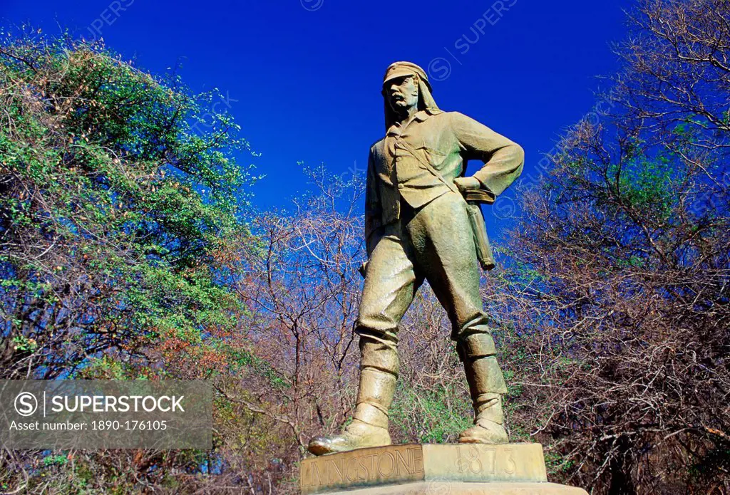 Statue of explorer David Livingstone at Victoria Falls on the Zambezi River, Zimbabwe, Africa
