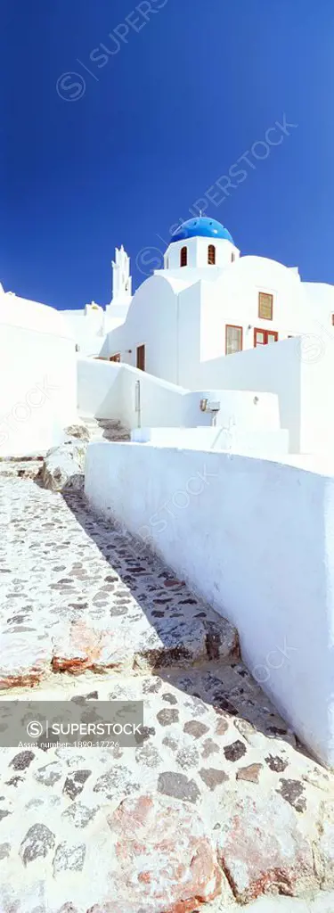 Blue domed church and whitewashed buildings, Oia, Santorini Thira, Cyclades Islands, Greek Islands, Greece, Europe