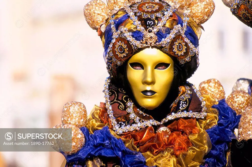 Portrait of a person dressed in mask and costume taking part in Carnival, Venice Carnival, Venice, Veneto, Italy, Europe