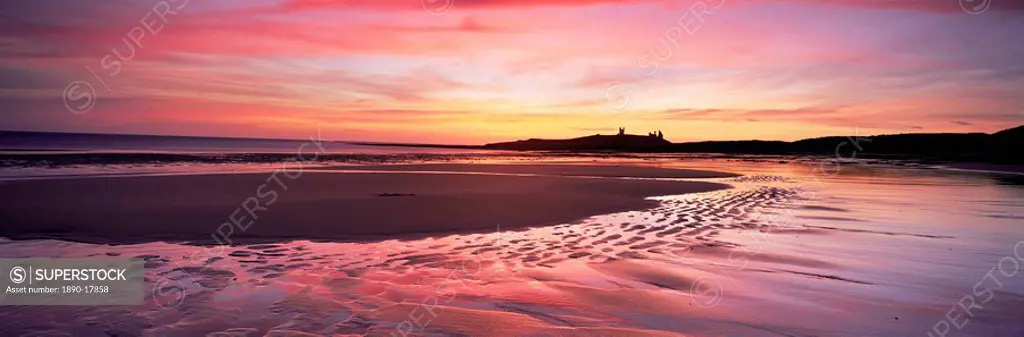 Embleton Bay at sunrise, low tide, with Dunstanburgh Castle in distance, Northumberland, England, United Kingdom, Europe