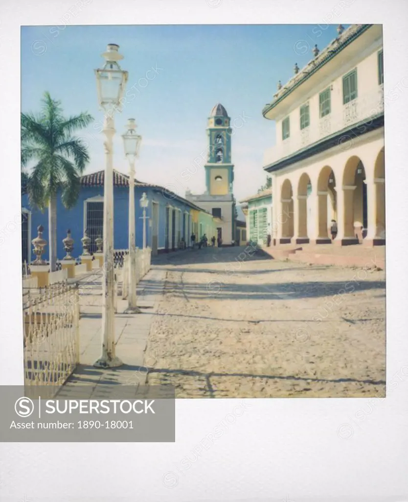 Polaroid of view from Plaza Mayor towards the tower of Iglesia de San Francisco de Asis, Trinidad, UNESCO World Heritage Site, Cuba, West Indies, Cent...