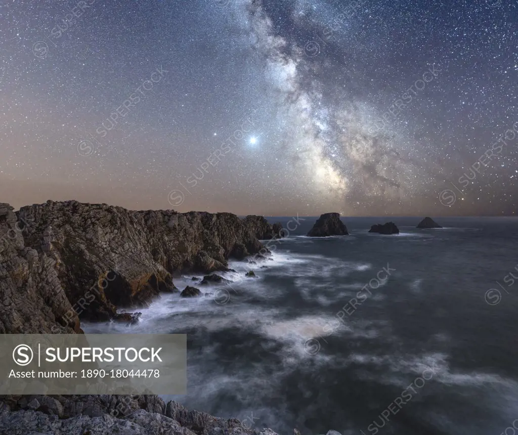 Long exposure of the Milky Way above the cape of Pen Hir, Brittany, France, Europe