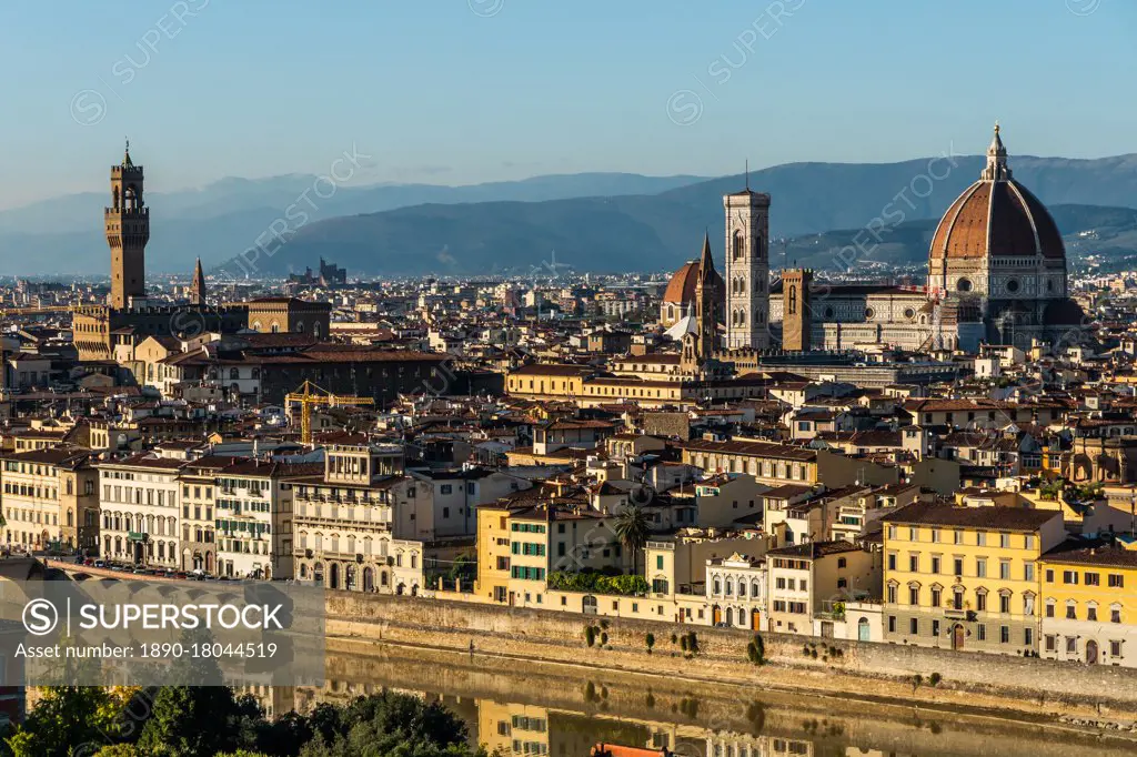 Aerial view in afternoon sun of Florence, UNESCO World Heritage Site, from Piazzale Michelangelo, Tuscany, Italy, Europe