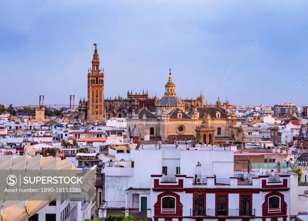 View from Metropol Parasol towards The Church of the Divine Savior and The Cathedral at sunset, Seville, Andalusia, Spain, Europe