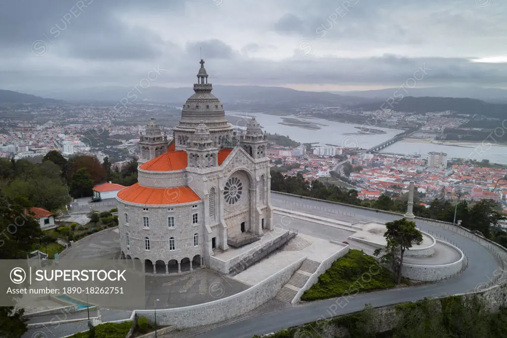 Santa Luzia Church sanctuary, drone aerial view, Viana do Castelo, with city and River Lima in the background, Norte, Portugal, Europe
