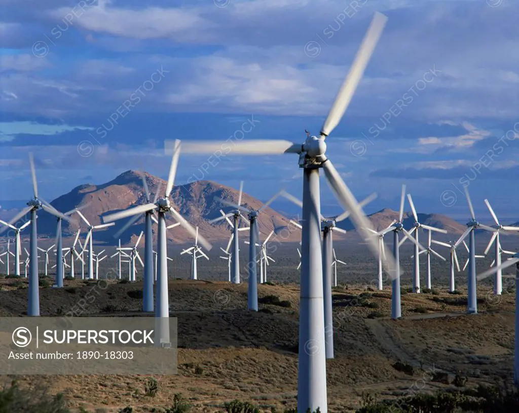 Wind turbines producing electricity on a wind farm in California, United States of America, North America