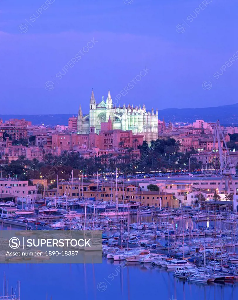 Boats in the marina at dusk with the cathedral of Palma on the skyline, Majorca, Balearic Islands, Spain, Mediterranean, Europe