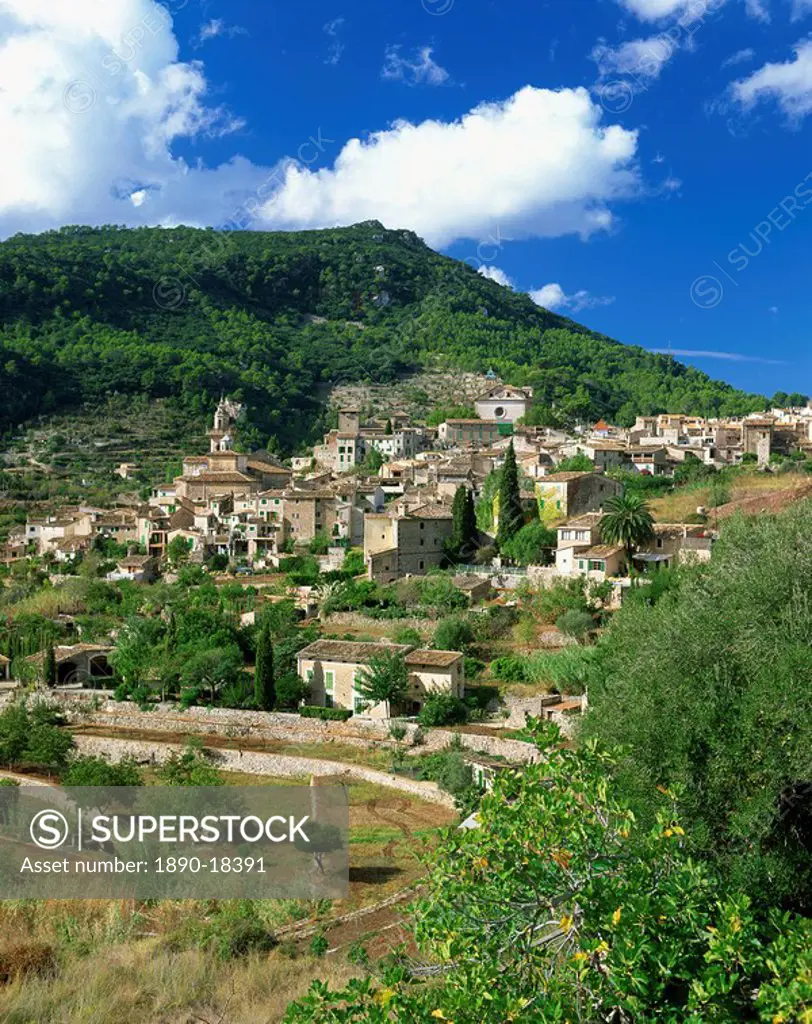 Houses and churches in the hill town of Valldemosa on Majorca, Balearic Islands, Spain, Europe