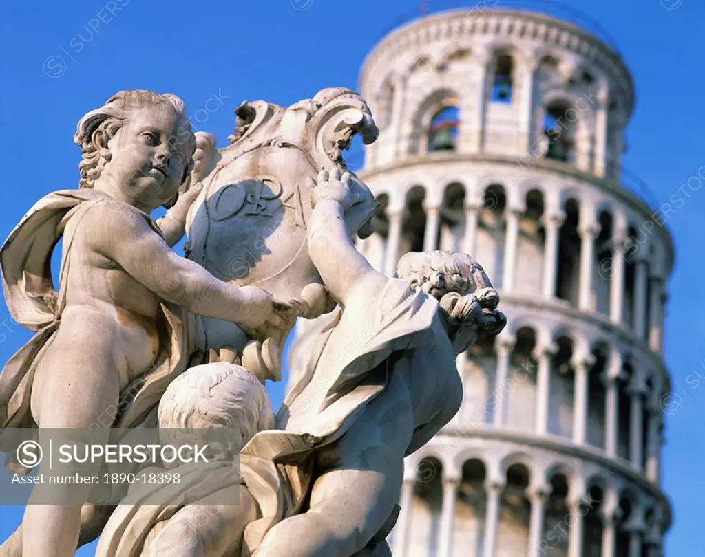 Statues in front of the Leaning Tower in Pisa, UNESCO World Heritage Site, Tuscany, Italy, Europe