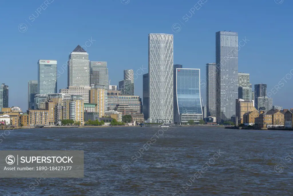 View of Canary Wharf tall buildings from the Thames Path, London, England, United Kingdom, Europe