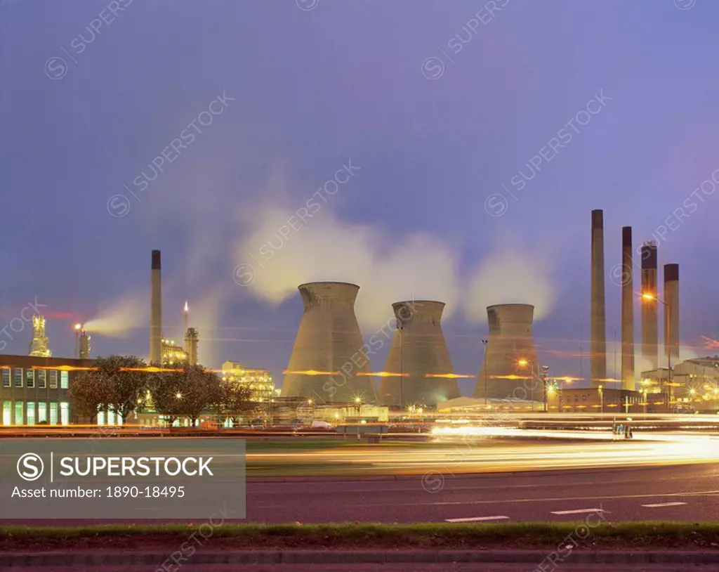 Grangemouth petro_chemical plant illuminated at dusk, Scotland, United Kingdom, Europe