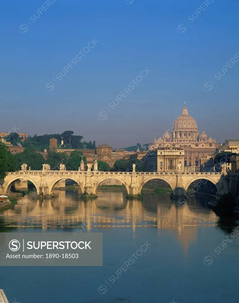 The dome of St. Peter´s Basilica and bridge over the River Tevere, The Vatican, Rome, Lazio, Italy, Europe