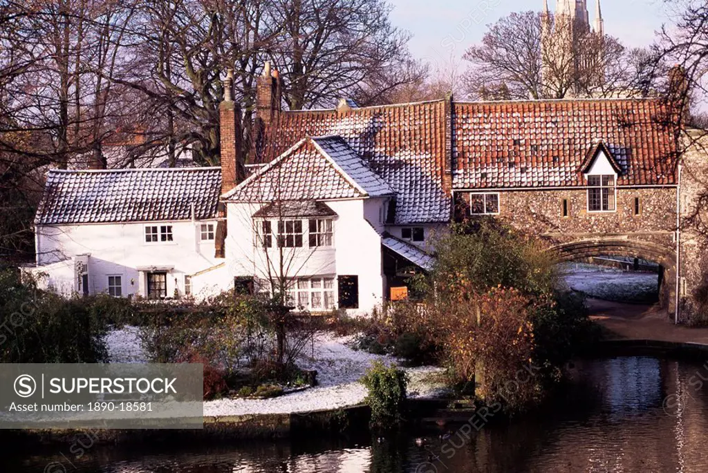 Snow on house roof, Pull Ferry, Norwich, Norfolk, England, United Kingdom, Europe