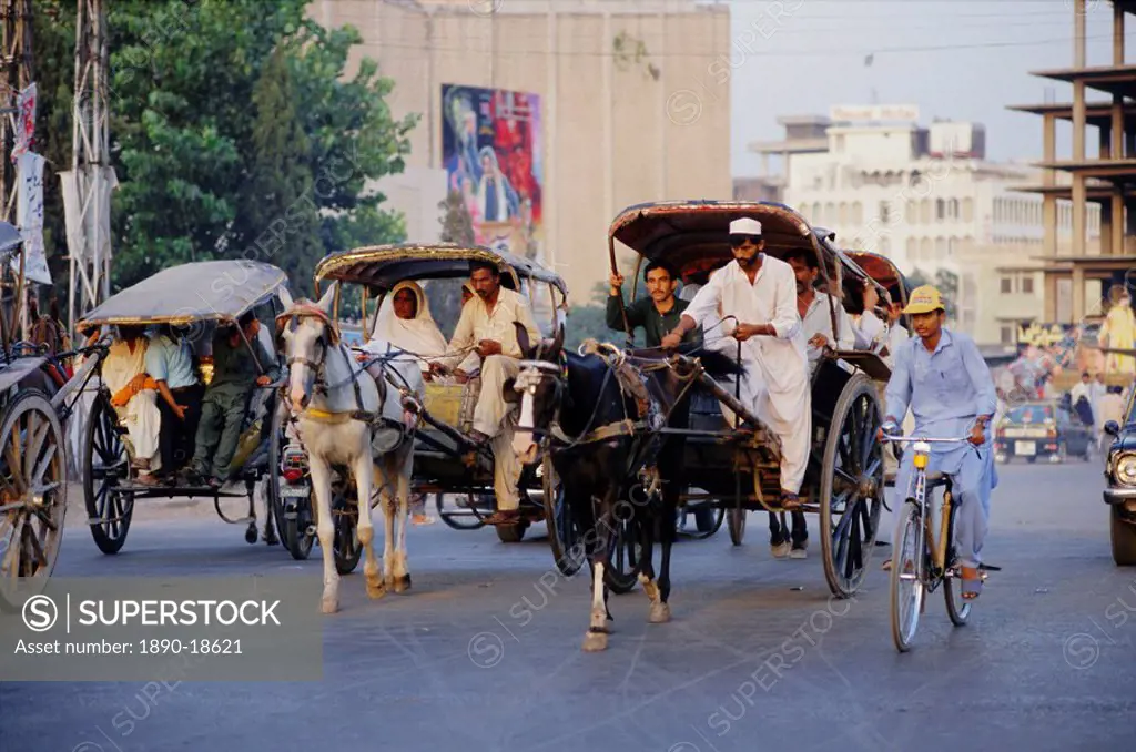 Street scene with horse drawn carriages, Rawalpindi, Punjab, Pakistan, Asia
