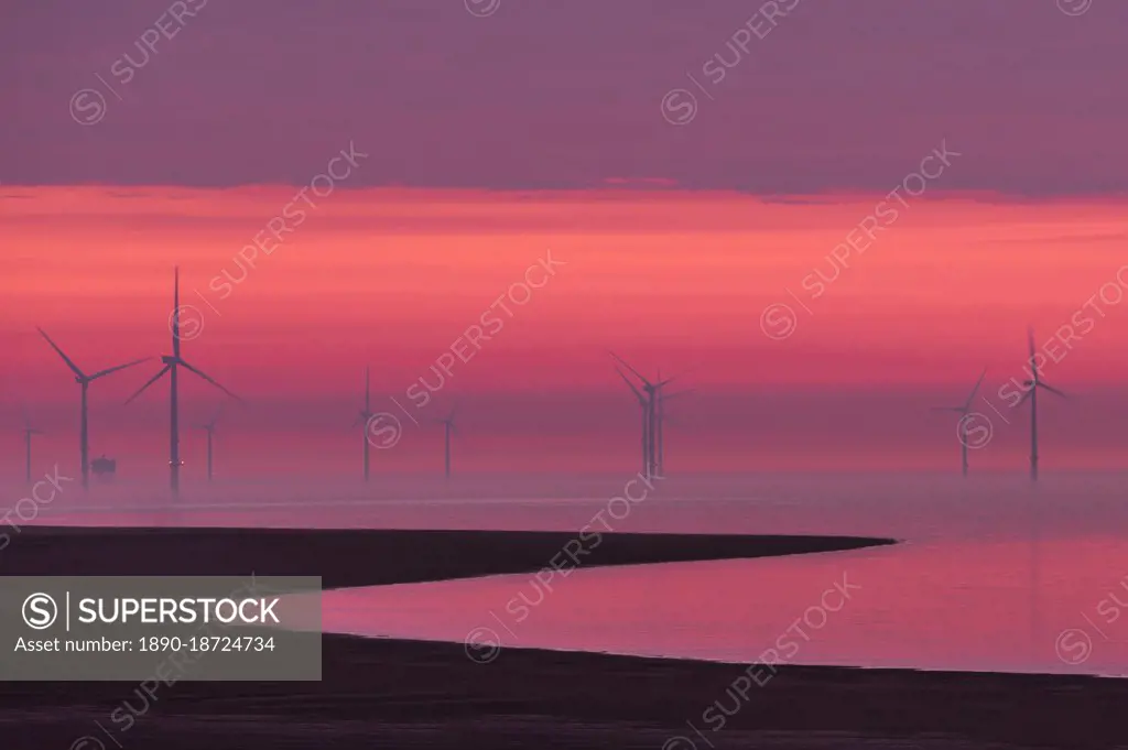 View at sunset of offshore wind farm at New Brighton, Cheshire, England, United Kingdom, Europe