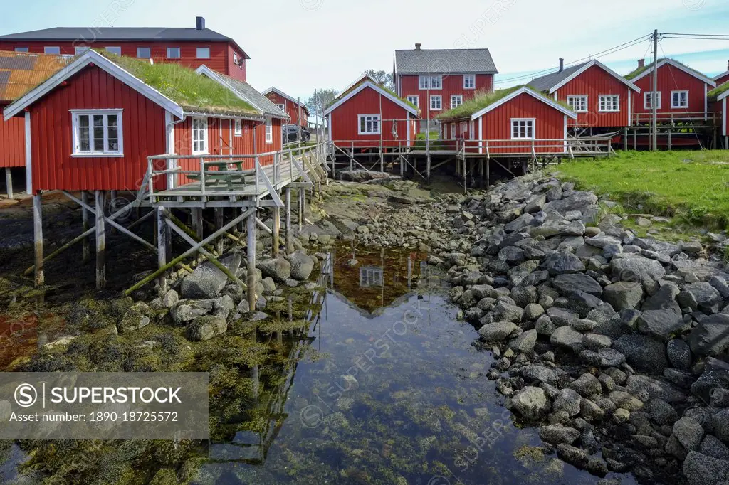 Red buildings grace the shoreline in the cod fishing village of Reine, Lofoten Islands, Nordland, Norway, Scandinavia, Europe