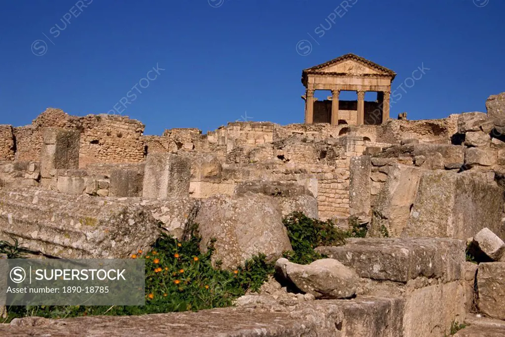 The Capitol, Roman site of Dougga, UNESCO World Heritage Site, Tunisia, North Africa, Africa