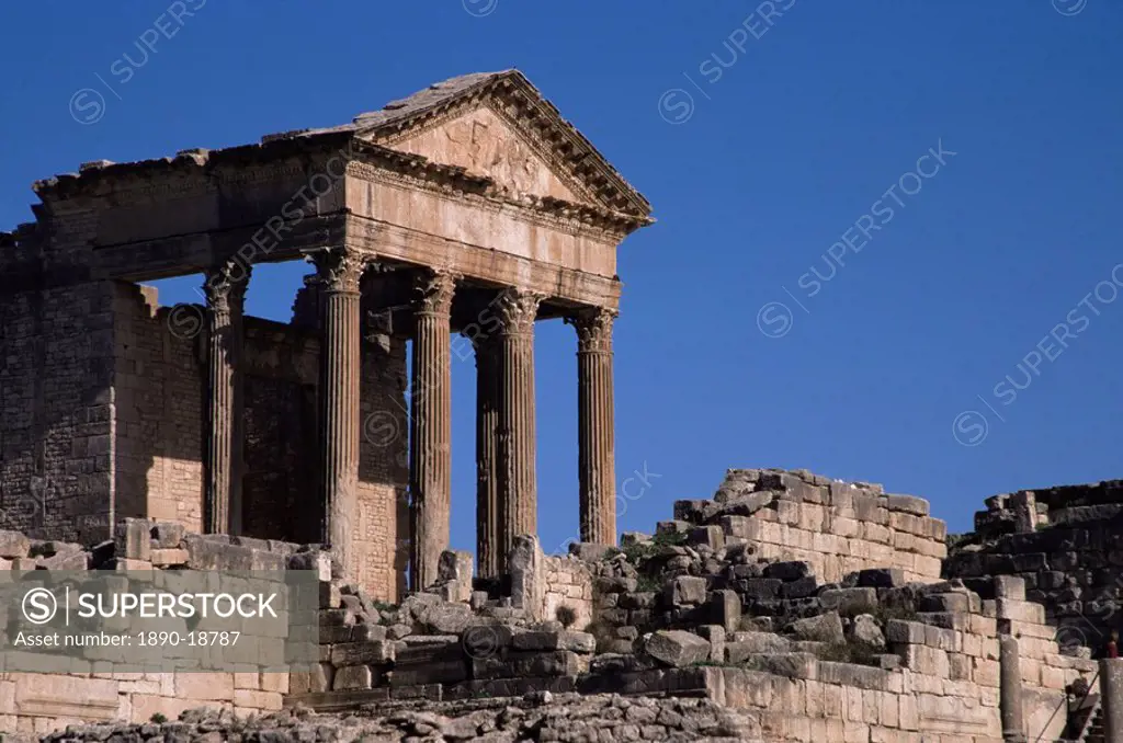 The Capitol, Roman ruins at Dougga, UNESCO World Heritage Site, Tunisia, North Africa, Africa