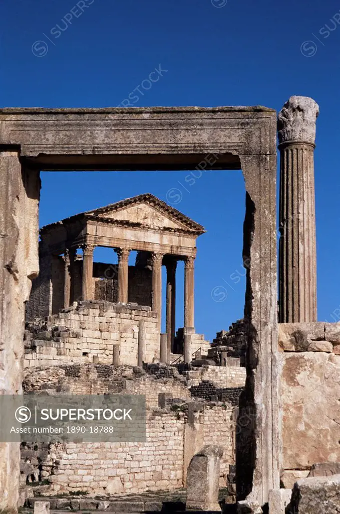 The Capitol, Roman ruins at Dougga, UNESCO World Heritage Site, Tunisia, North Africa, Africa
