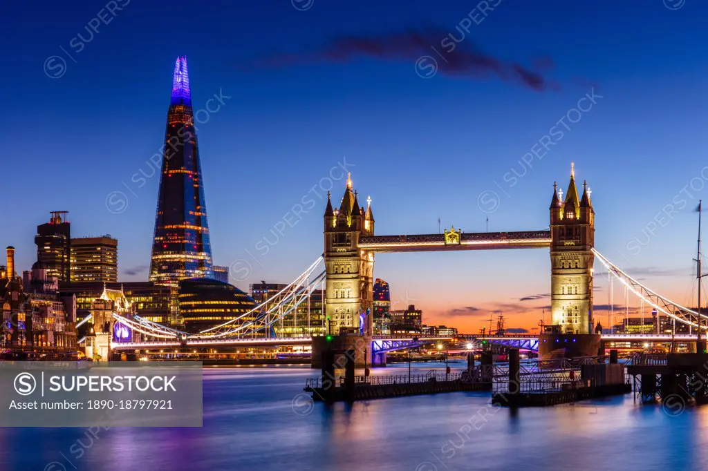 Tower Bridge and The Shard at sunset, London, England, United Kingdom, Europe