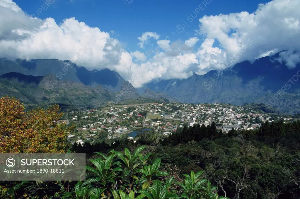 Town viewed from Roche Merveilleuse, Cilaos, Reunion, Indian Ocean, Africa