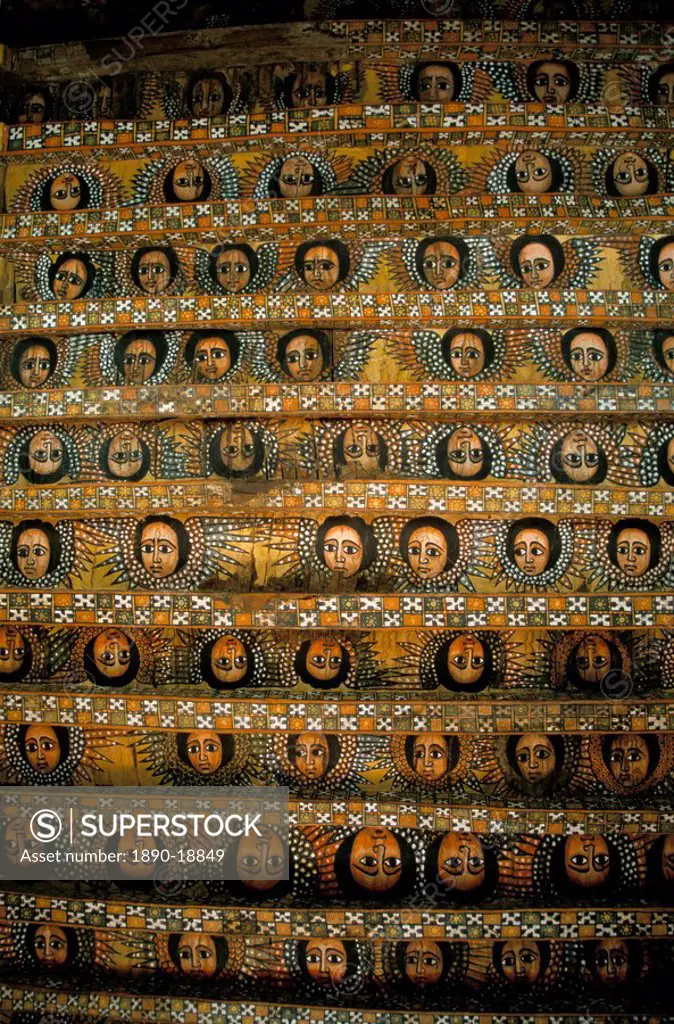 Frescoes on the ceiling of the Debre Berham Debre Birhan Selassie church, Gondar, Ethiopia, Africa