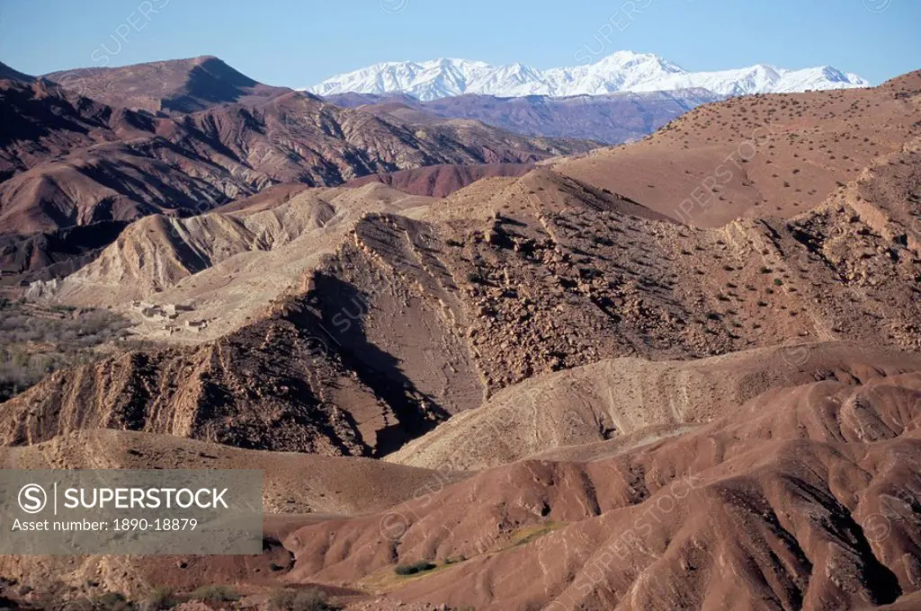 Mountains and village near Telouet, High Atlas mountains, Morocco, North Africa, Africa