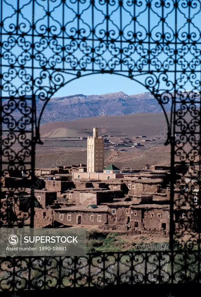 View of Telouet and High Atlas mountains from the Kasbah, Telouet, Morocco, North Africa, Africa