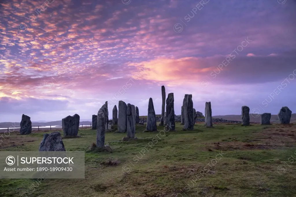 The Callanish Standing Stones at sunrise, Callanish, Isle of Lewis, Outer Hebrides, Scotland, United Kingdom, Europe