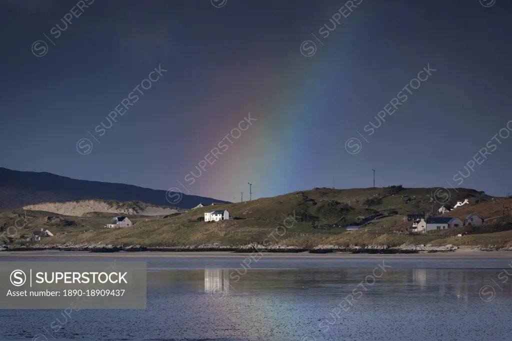 Rainbow over the Hamlet of Luskentyre across Luskentyre Sands, Isle of Harris, Outer Hebrides, Scotland, United Kingdom, Europe