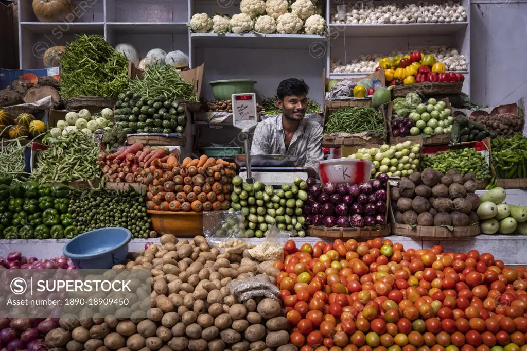 Vegetable Market Stall, Panjim Market, Panjim (Panaji), Goa, India, Asia
