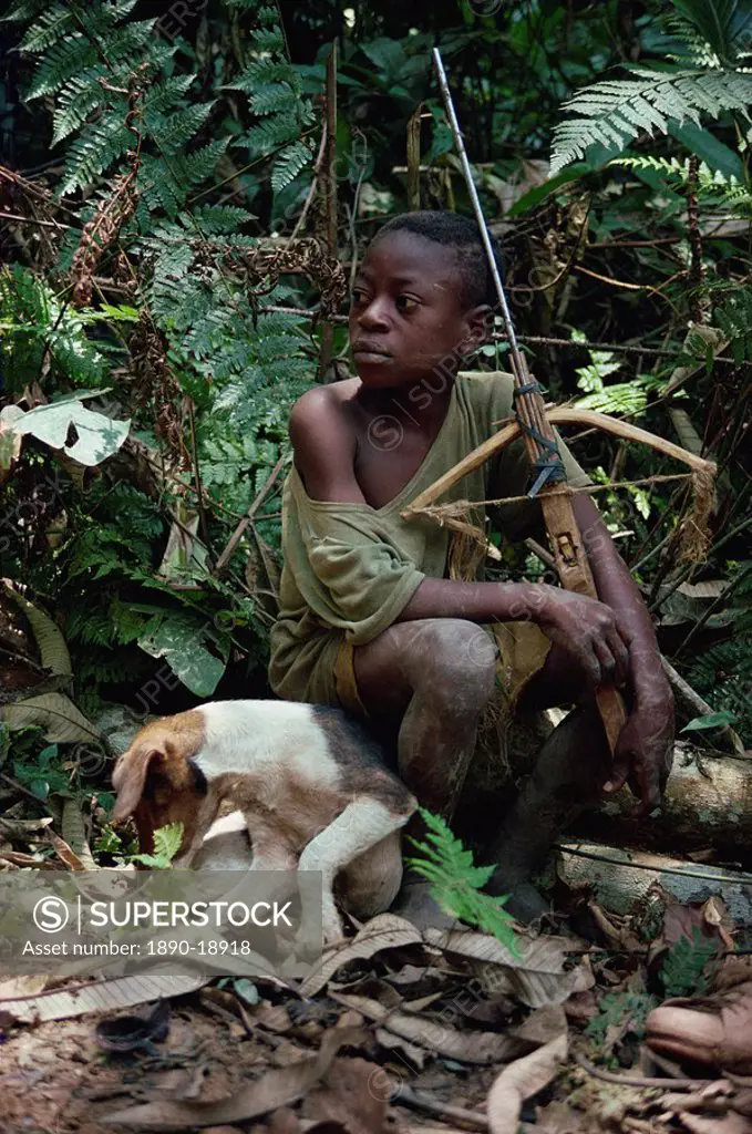 Young boy sitting in jungle with dog and wooden crossbow, southeast area, Cameroon, West Africa, Africa