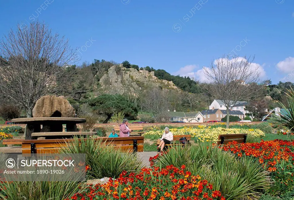 Winston Churchill Memorial Park covered with spring flowers, St. Brelades Bay, Jersey, Channel Islands, United Kingdom, Europe