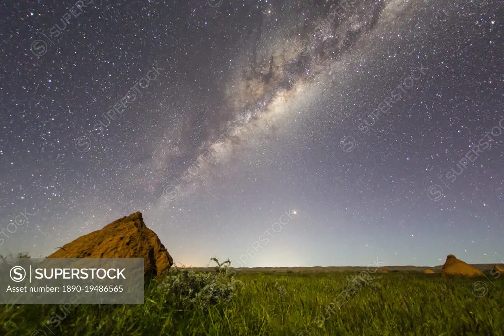 The Milky Way over termite mounds in Cape Range National Park, Exmouth, Western Australia, Australia, Pacific