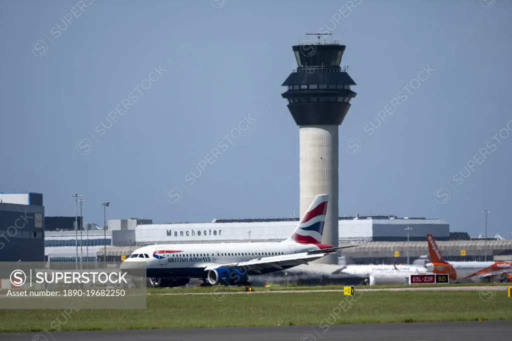 British Airways aircraft landing at Manchester Airport, Manchester, England, United Kingdom, Europe
